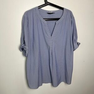 F&F Blue White Stripe Collared V Neck Roll Tab Sleeve Tunic Shirt Top Womens 18